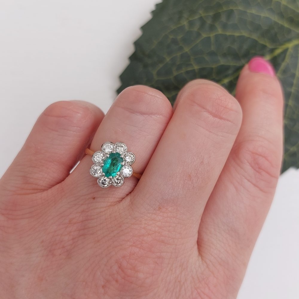 0.80ct Emerald and Diamond Floral Cluster Ring