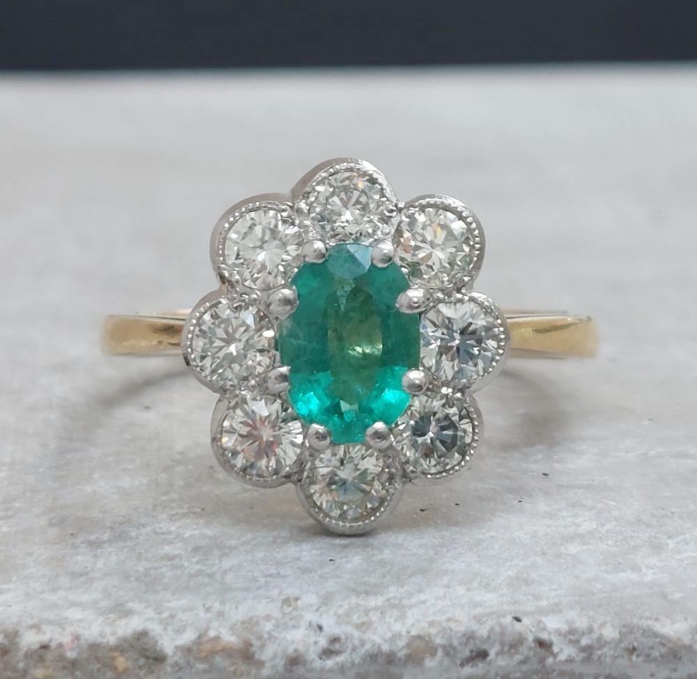 0.80ct Emerald and Diamond Floral Cluster Ring