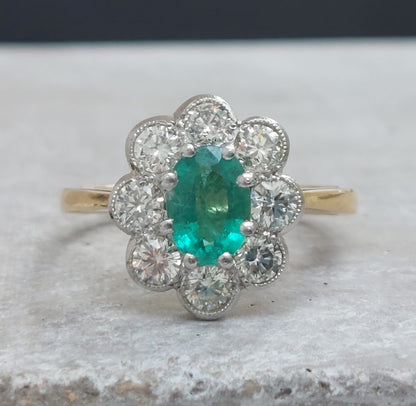 0.80ct Emerald and Diamond Floral Cluster Ring