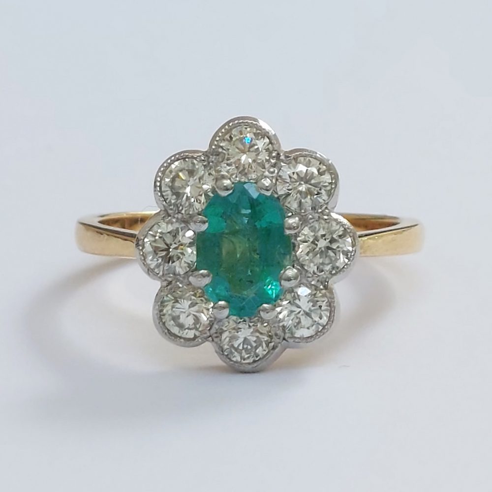 0.80ct Emerald and Diamond Floral Cluster Ring