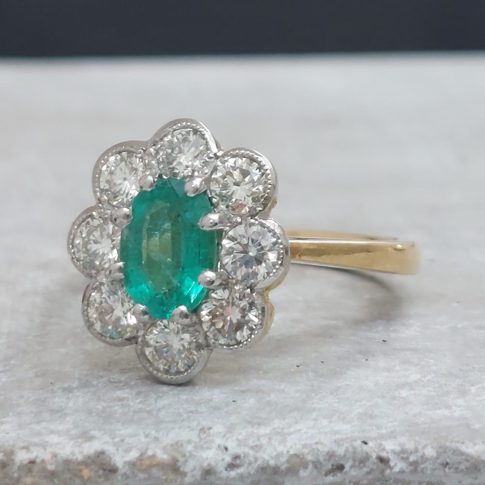 0.80ct Emerald and Diamond Floral Cluster Ring