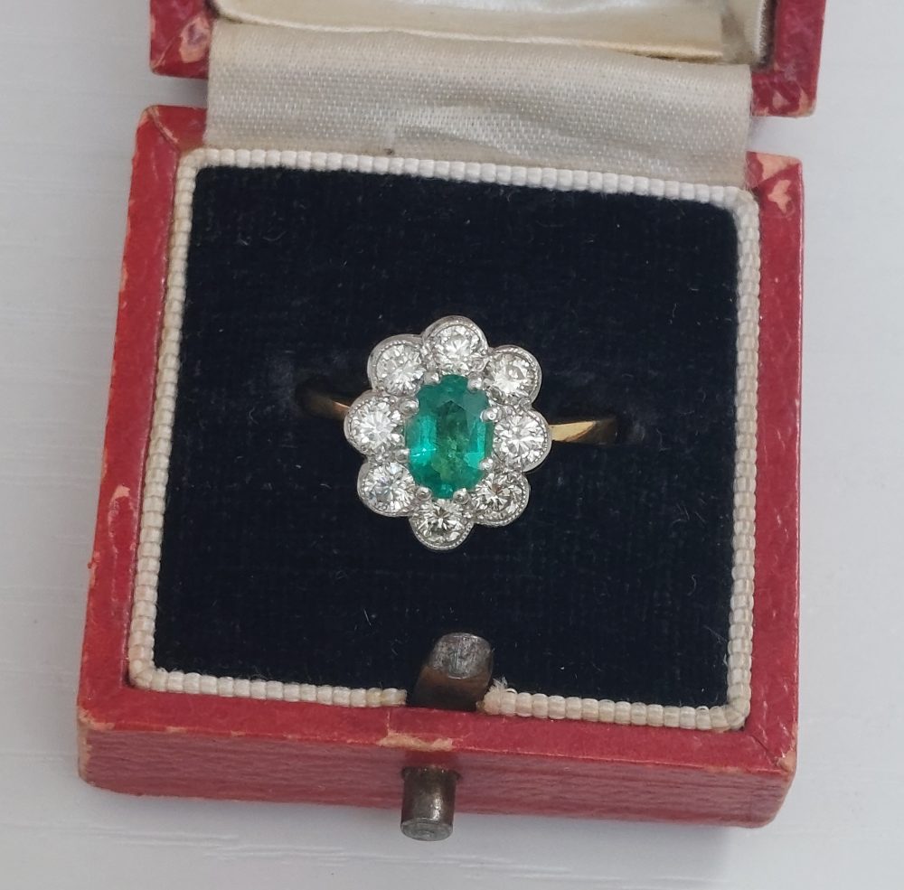 0.80ct Emerald and Diamond Floral Cluster Ring