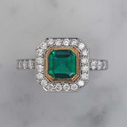 0.90ct Octagon Emerald and Diamond Cluster Ring
