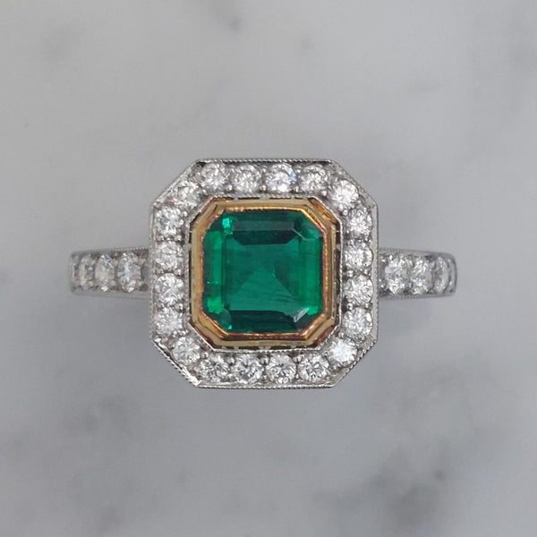 0.90ct Octagon Emerald and Diamond Cluster Ring