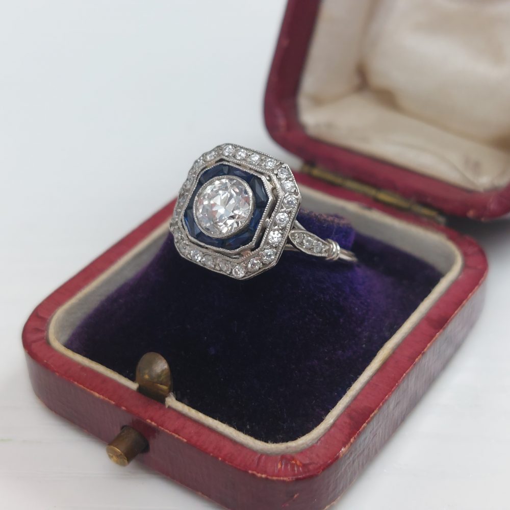 0.90ct Old European Cut Diamond and Sapphire Target Ring