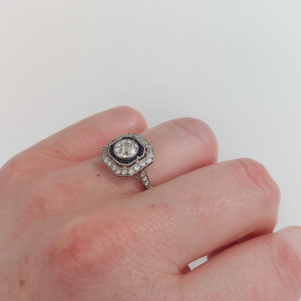 0.90ct Old European Cut Diamond and Sapphire Target Ring