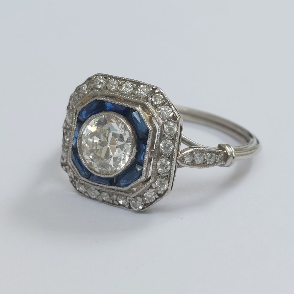 0.90ct Old European Cut Diamond and Sapphire Target Ring
