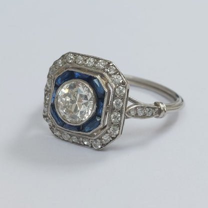 0.90ct Old European Cut Diamond and Sapphire Target Ring