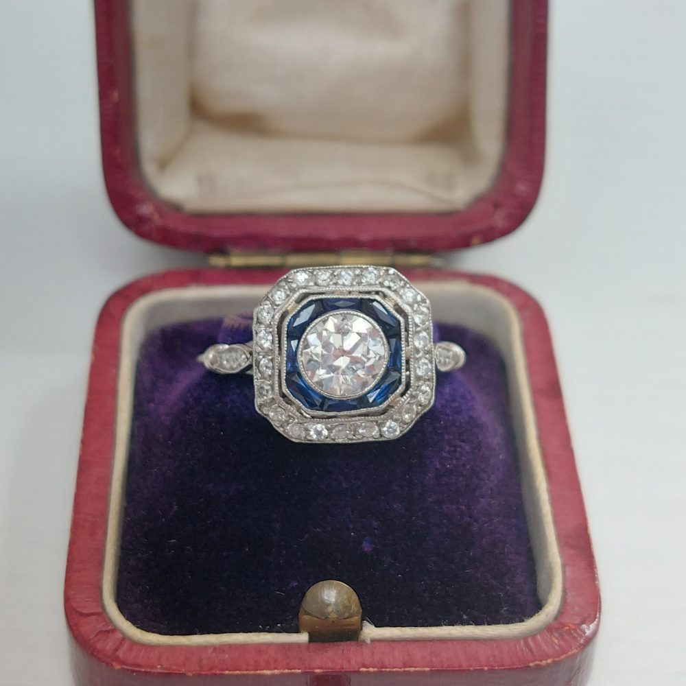 0.90ct Old European Cut Diamond and Sapphire Target Ring