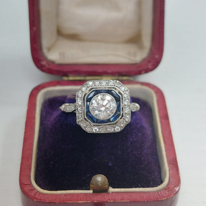 0.90ct Old European Cut Diamond and Sapphire Target Ring
