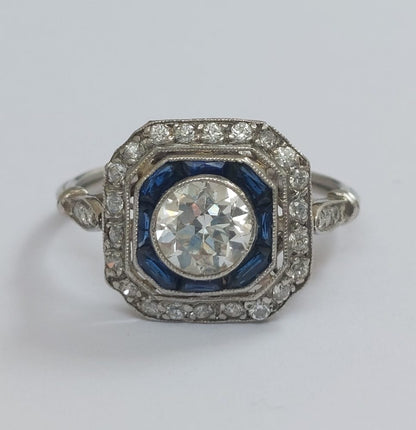 0.90ct Old European Cut Diamond and Sapphire Target Ring