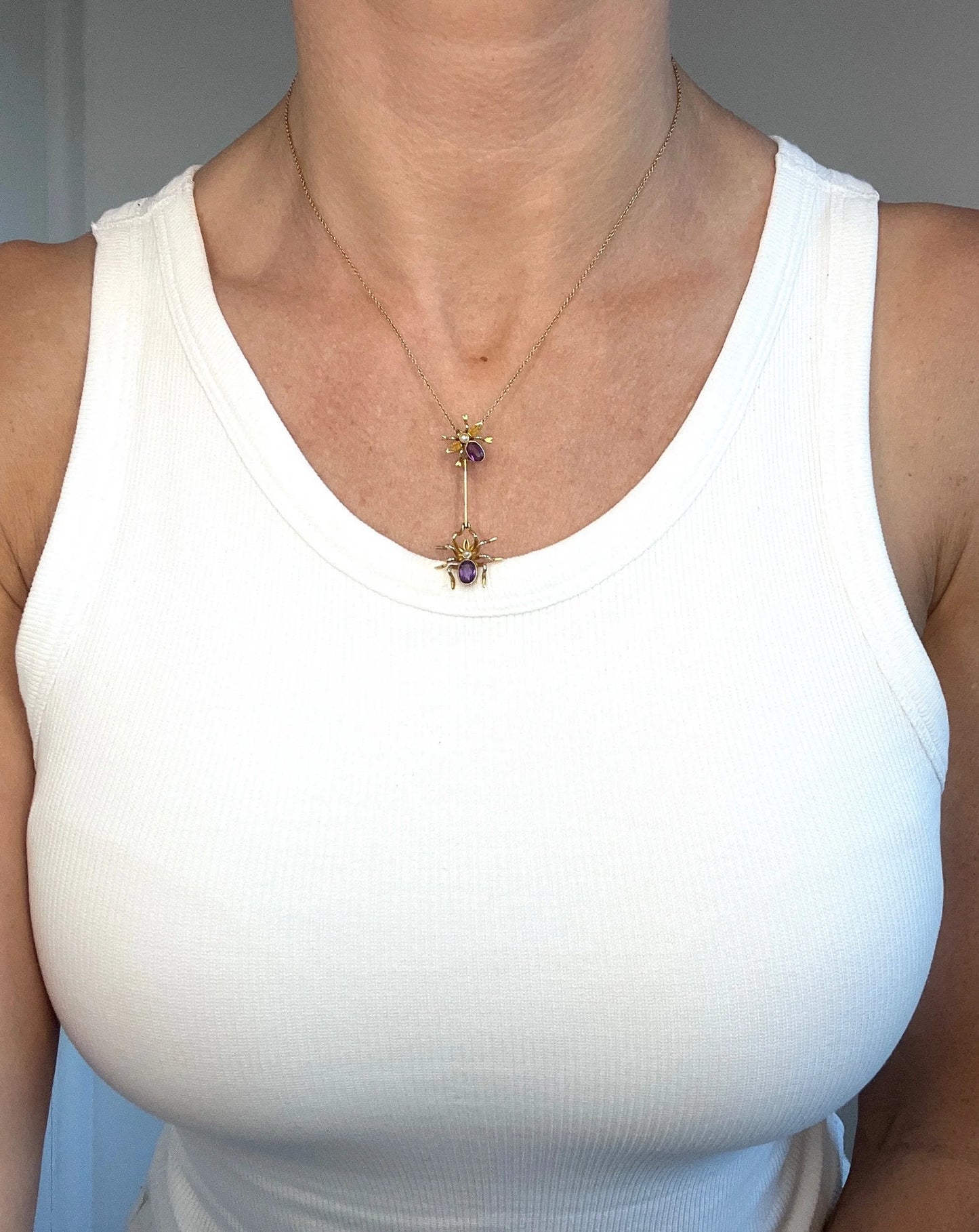 Antique 9 ct Gold, Edwardian Amethyst Spider And Fly Bug Pendant Necklace