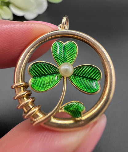 Antique 15 ct Gold, Edwardian Green Enamel And Pearl, 3 Leaf Clover Shamrock Pendant