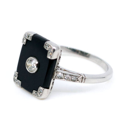 Vintage Onyx and Old European Cut Diamond Platinum Ring