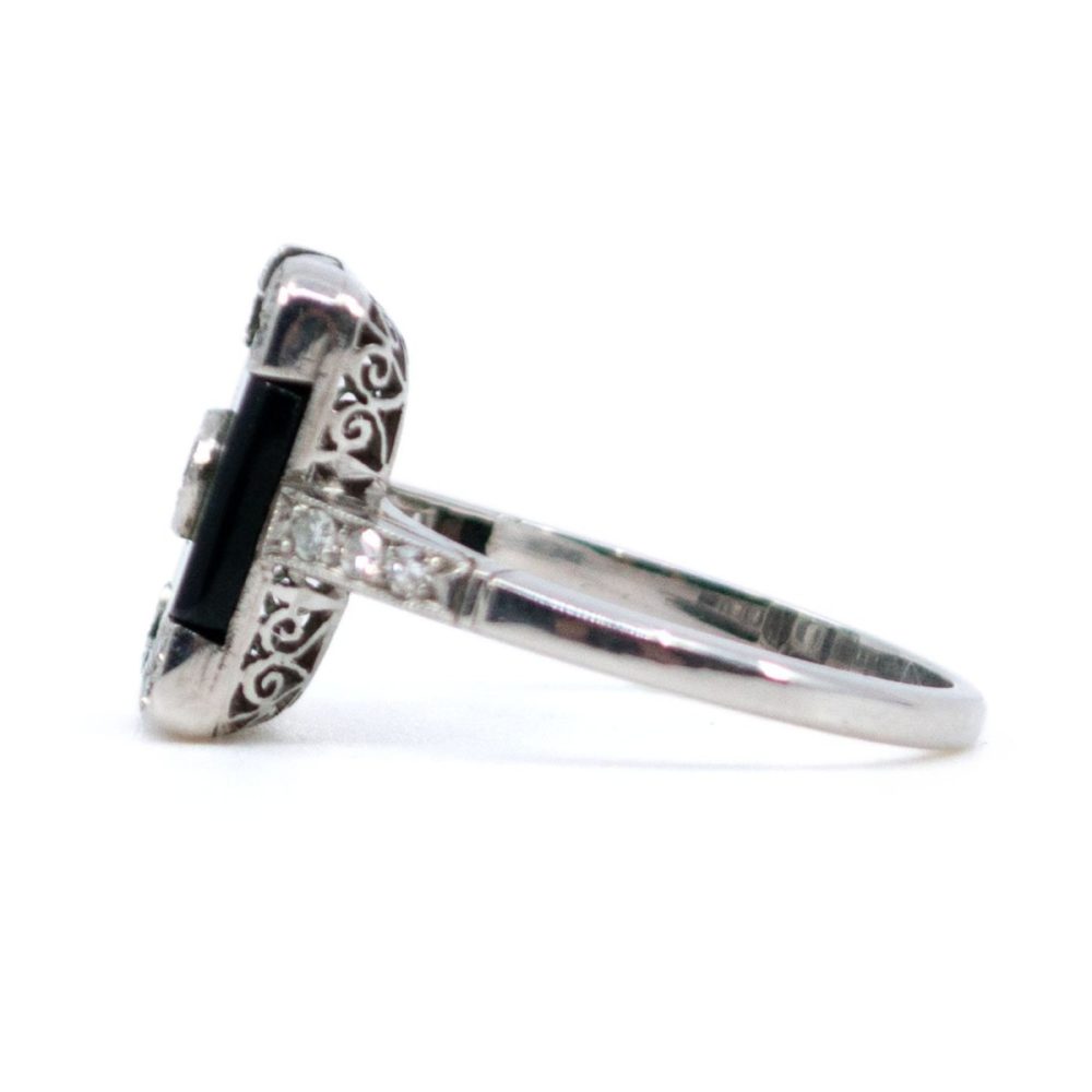 Vintage Onyx and Old European Cut Diamond Platinum Ring