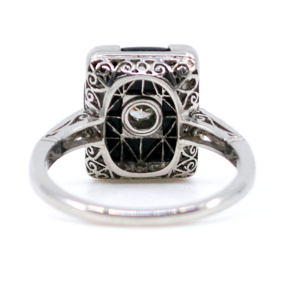 Vintage Onyx and Old European Cut Diamond Platinum Ring