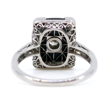 Vintage Onyx and Old European Cut Diamond Platinum Ring