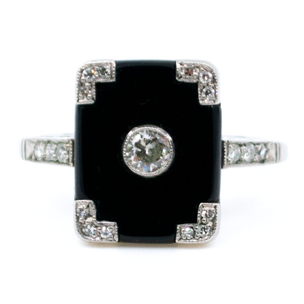 Vintage Onyx and Old European Cut Diamond Platinum Ring