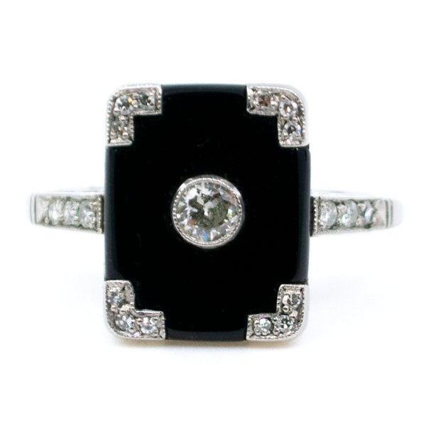 Vintage Onyx and Old European Cut Diamond Platinum Ring