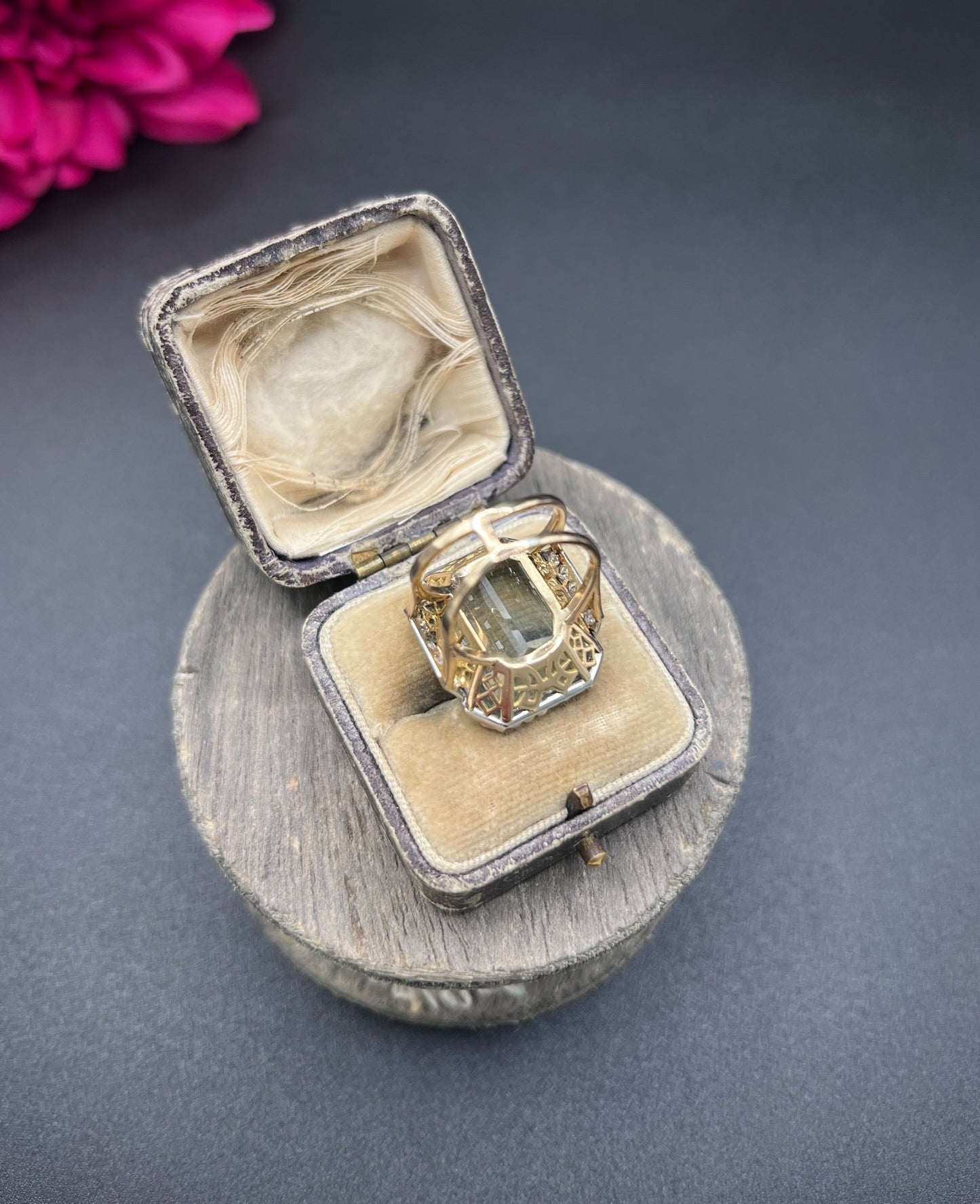 An aquamarine, pearl and diamond large cocktail ring in yellow gold and platinum, in a ring box