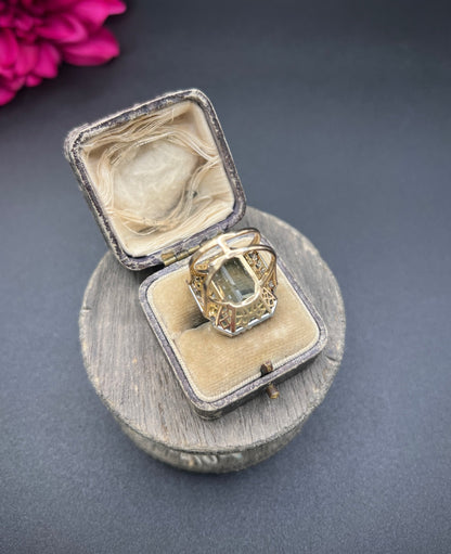 An aquamarine, pearl and diamond large cocktail ring in yellow gold and platinum, in a ring box