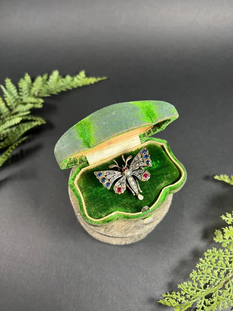 Antique Butterfly Brooch in 18 Carat Rose Gold And Silver With Gemstones