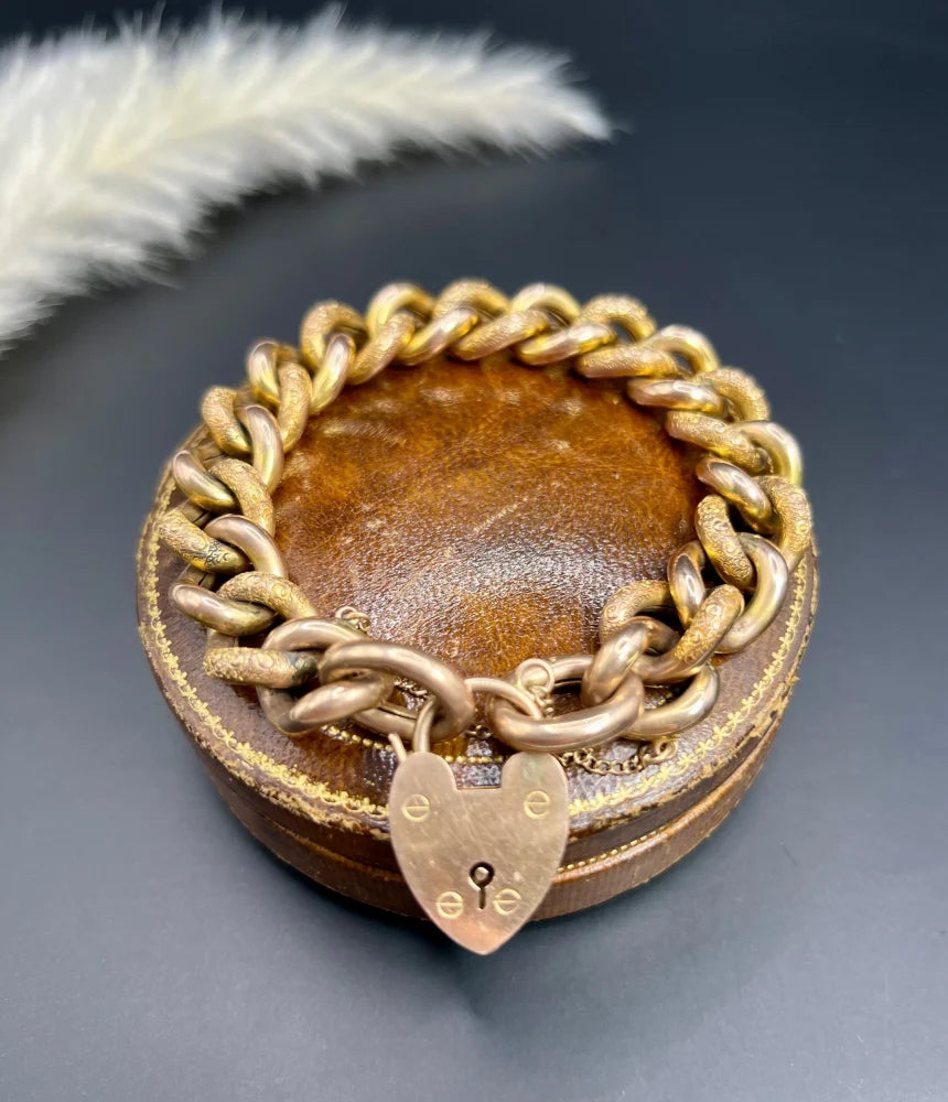 Antique 9 Carat Rose Gold Night & Day Curb Bracelet With Heart Padlock Clasp