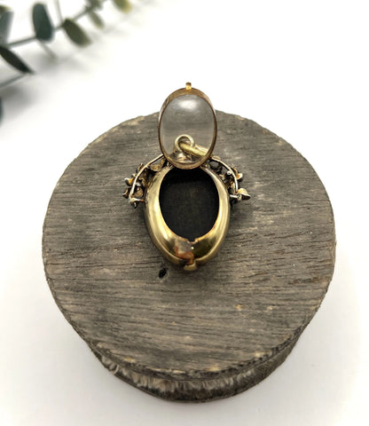 Early Victorian Antique Cabochon Garnet and Diamond Locket Pendant in Original Henry Tessier Box