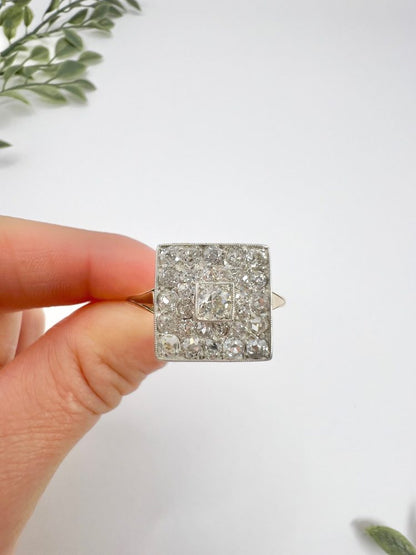 Edwardian Antique 2ct Old Cut Diamond Square Cluster Ring