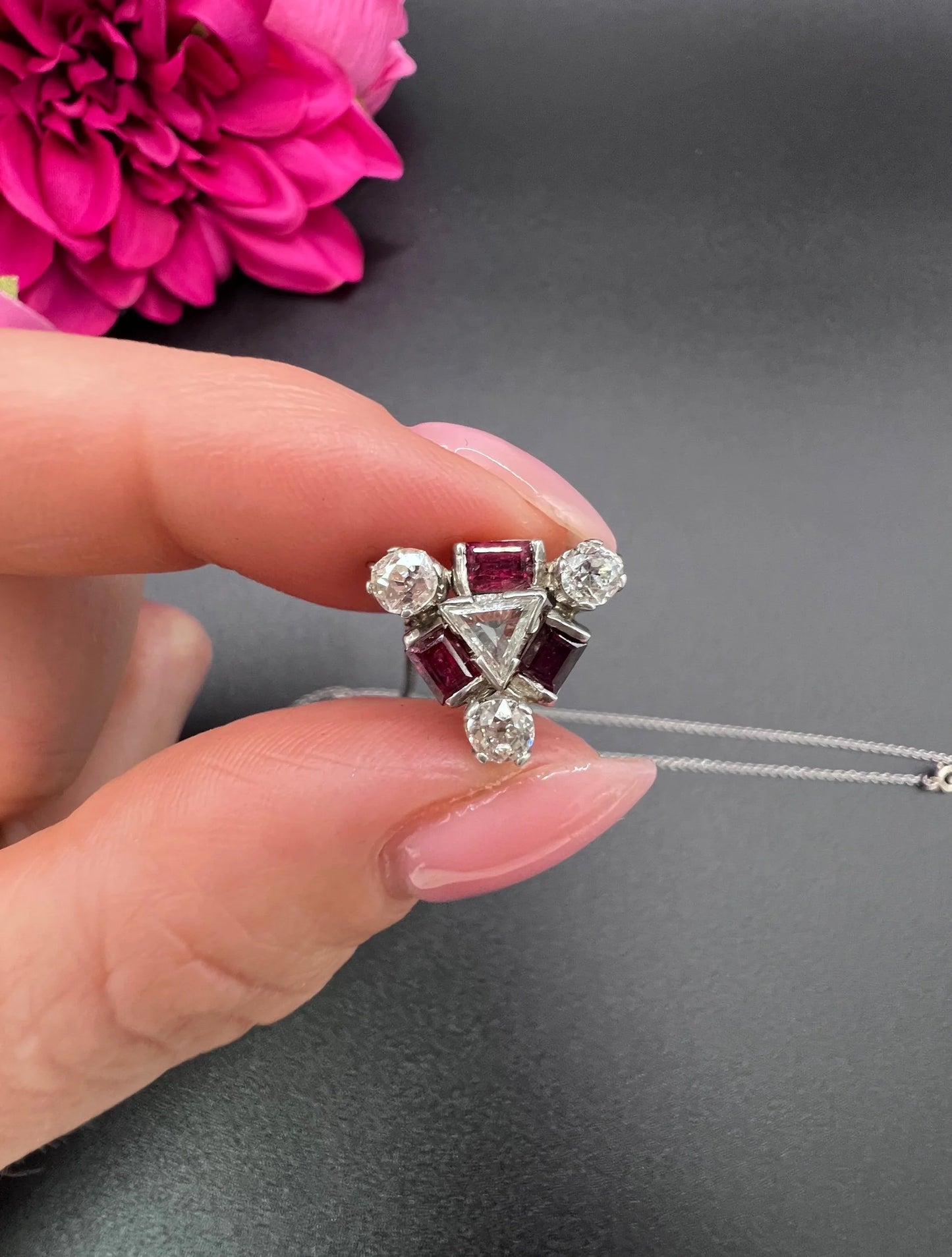 Vintage 18ct White Gold, 1930s Ruby & Diamond Pendant Necklace