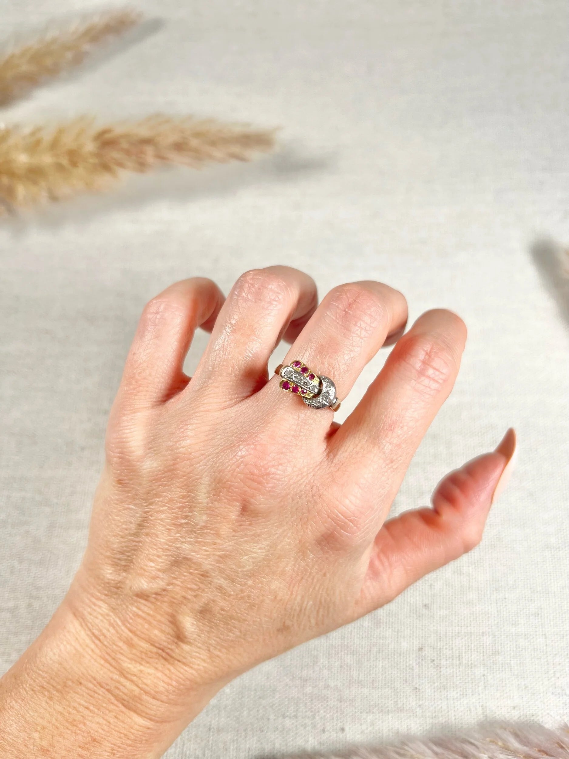 Vintage 1940s, 18ct Yellow & White Gold Ruby Diamond Set Buckle/Belt Cocktail Ring