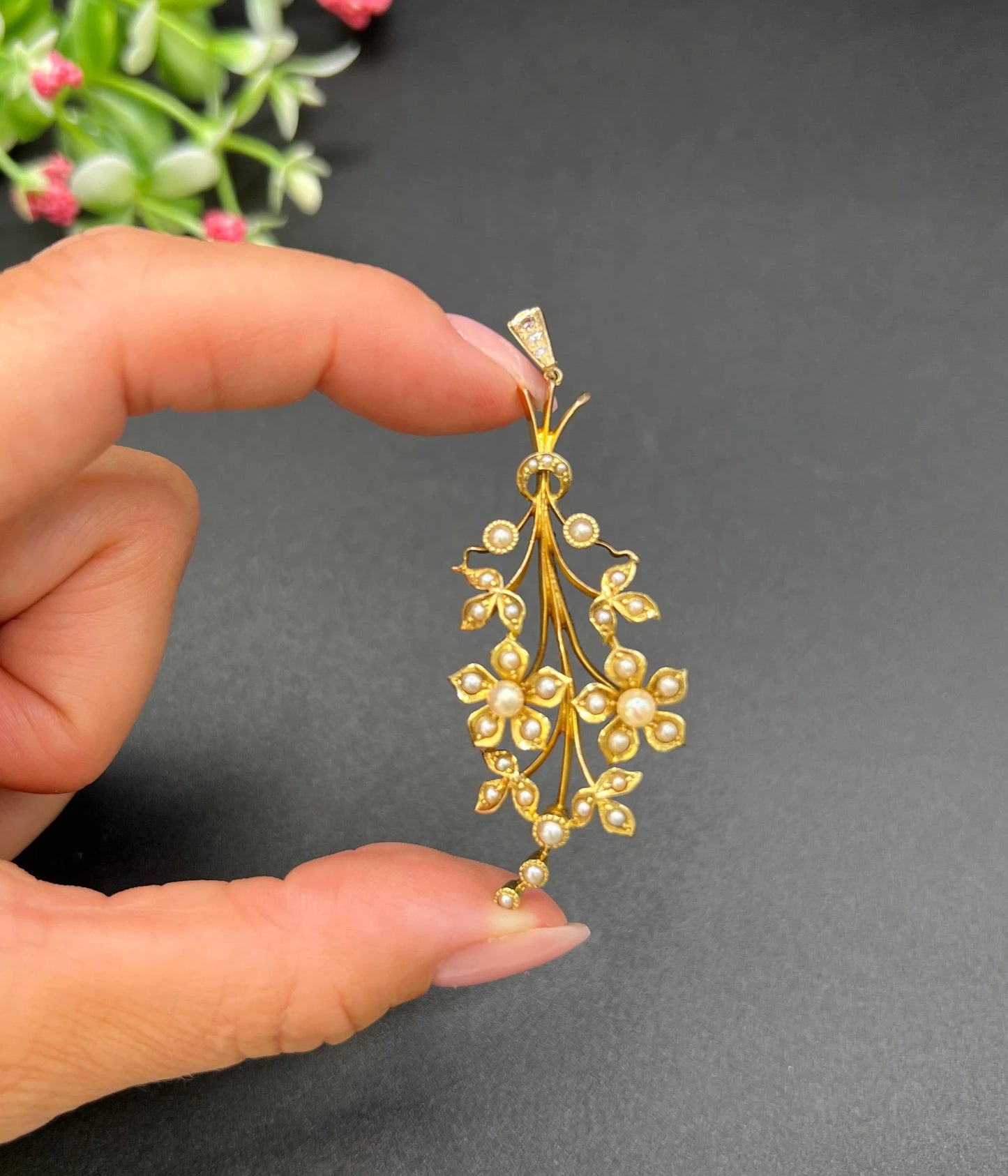 Antique 15 Carat Yellow Gold Pearl and Diamond Flower Spray Bouquet Pendant, Circa 1900
