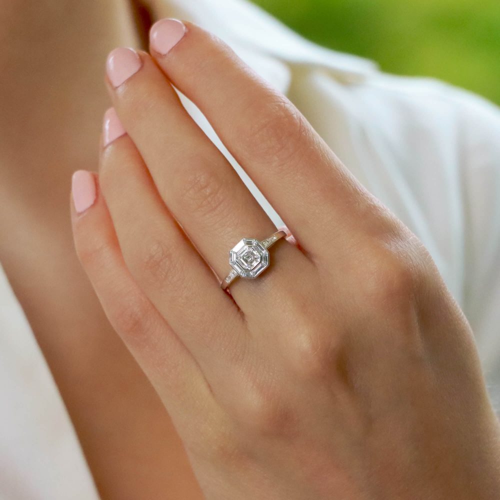 Art Deco Style Asscher Cut Diamond Platinum Cluster Ring