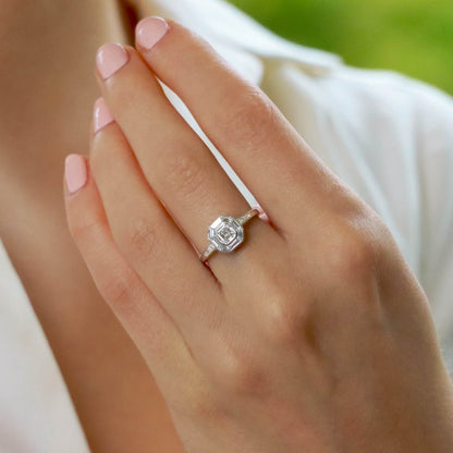 Art Deco Style Asscher Cut Diamond Platinum Cluster Ring