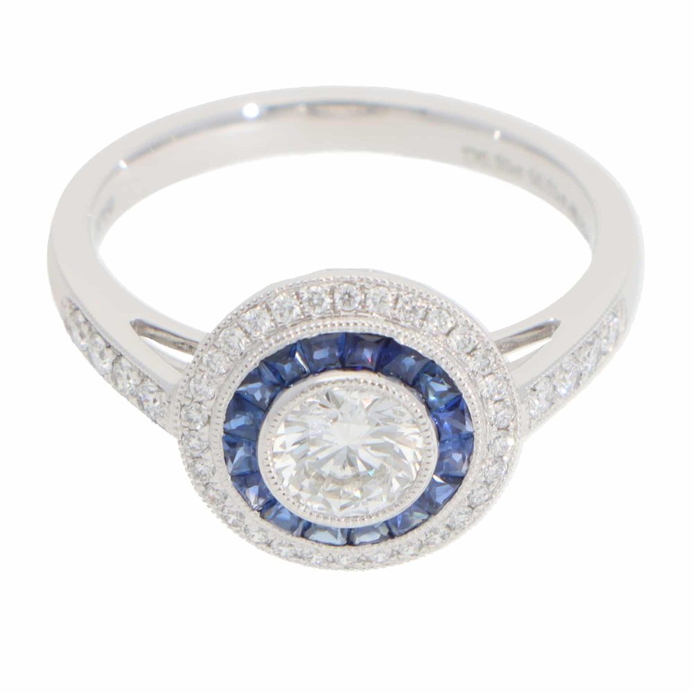 Art Deco Style Sapphire and diamond target cluster ring side
