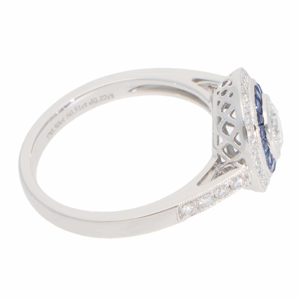 Art Deco Style Sapphire and diamond target cluster ring side