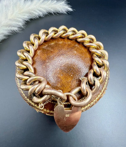 Antique 9 Carat Rose Gold Night & Day Curb Bracelet With Heart Padlock Clasp