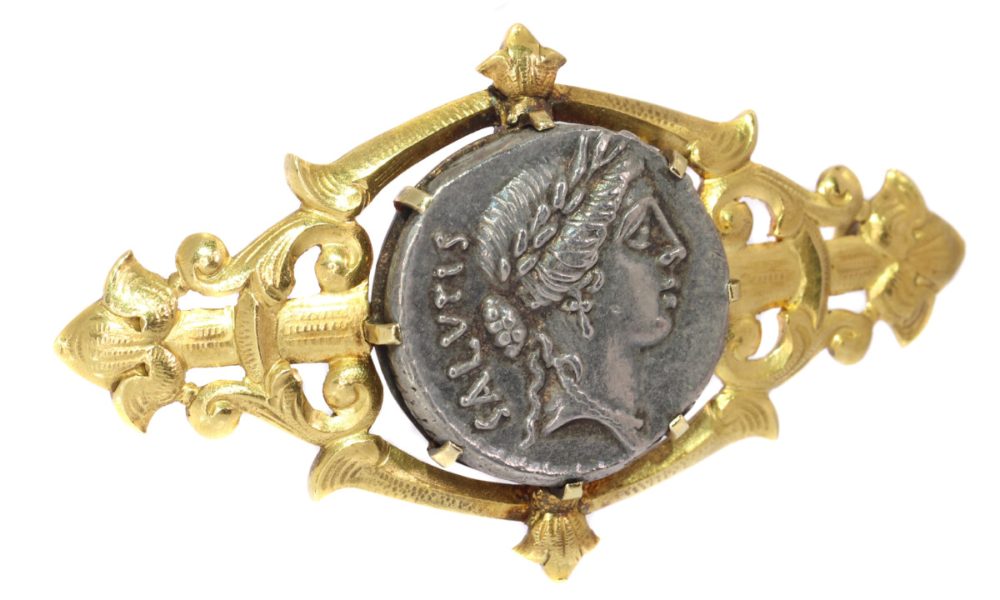 Antique Victorian Silver Roman Coin Brooch