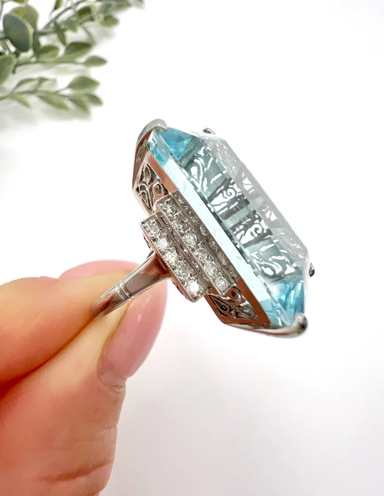Vintage 25.66ct Aquamarine and Diamond Cocktail Ring