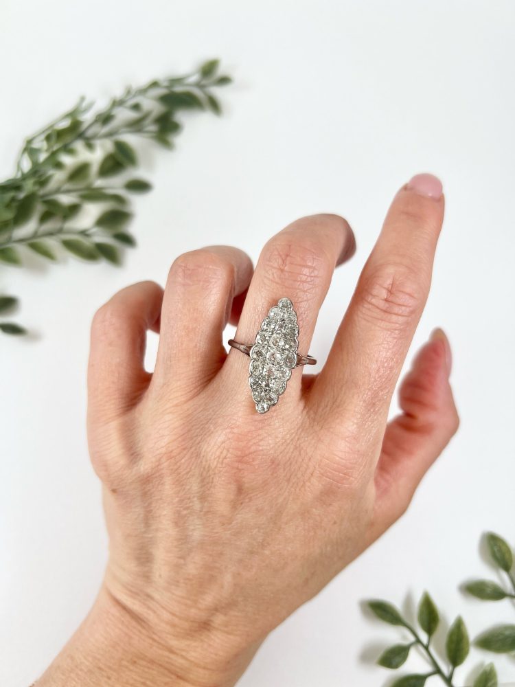 Antique Edwardian Diamond Navette Statement Ring in 18ct White Gold