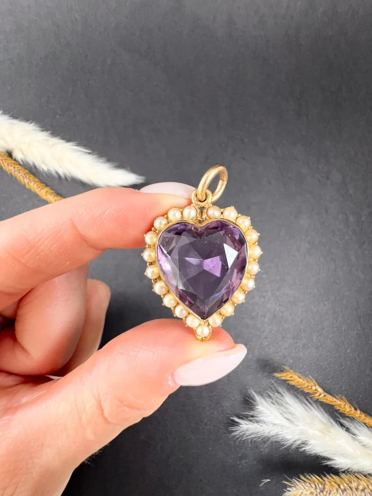 Antique Amethyst And Pearl Heart Pendant In 15 Carat Yellow Gold
