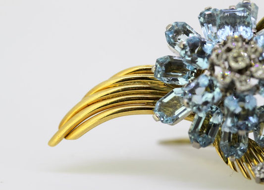Vintage Aquamarine and Diamond Floral Brooch