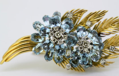 Vintage Aquamarine and Diamond Floral Brooch