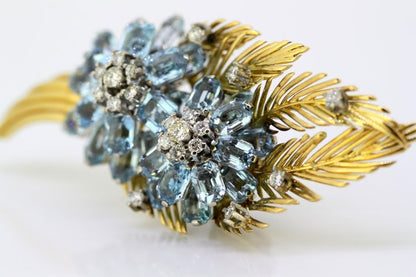 Vintage Aquamarine and Diamond Floral Brooch