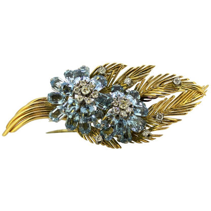 Vintage Aquamarine and Diamond Floral Brooch