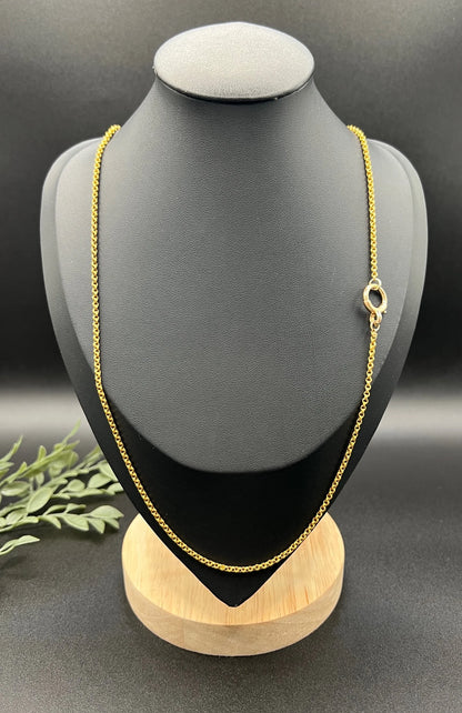 A yellow gold rolo link chain necklace, on a black jewellery bust