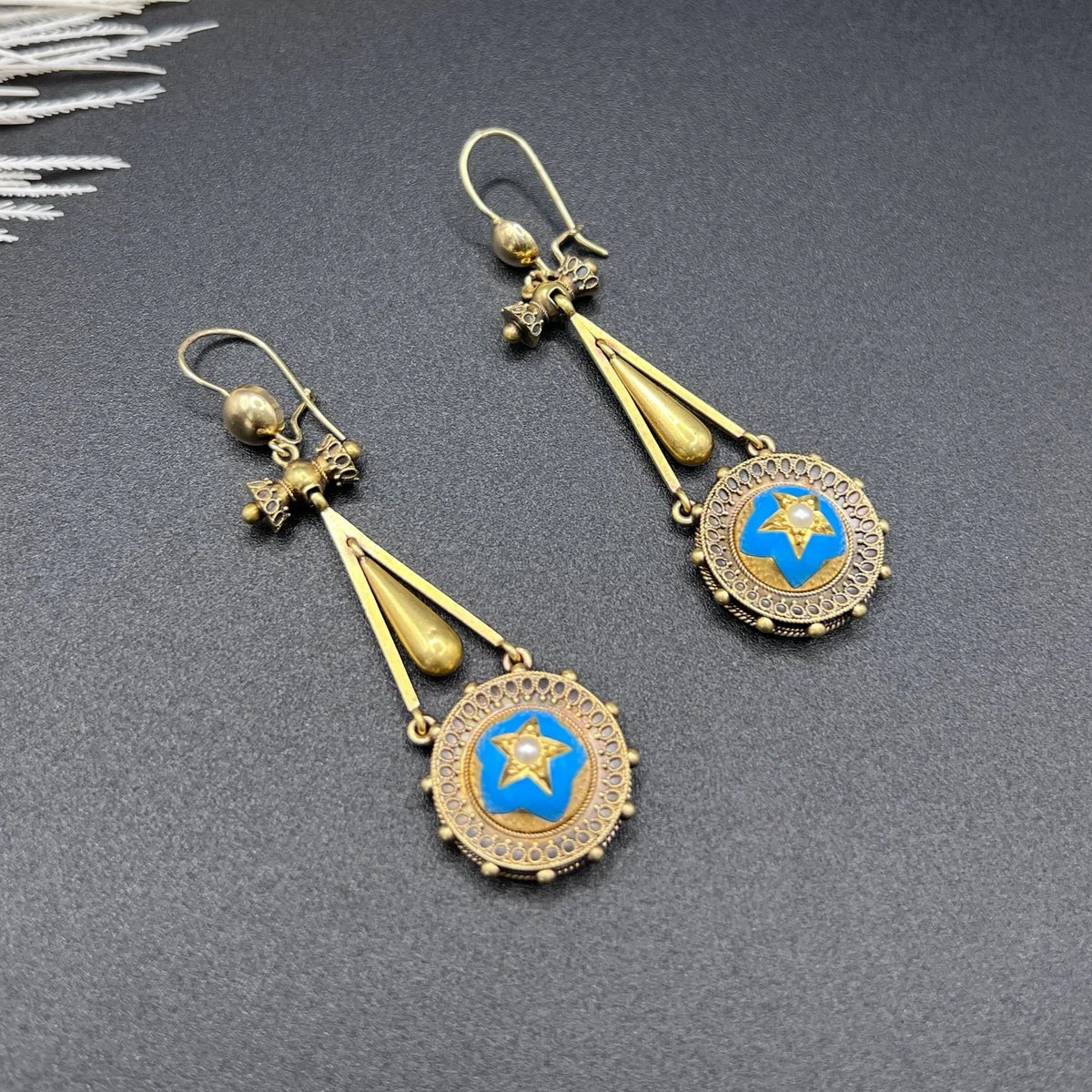Early Victorian Antique Pearl and Turquoise Enamel Star Drop Earrings