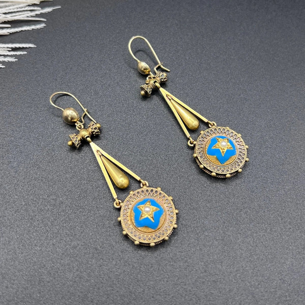 Early Victorian Antique Pearl and Turquoise Enamel Star Drop Earrings