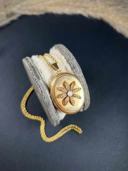 Antique 18 Carat Rose Gold Oval Shaped Locket With Pearl Flower