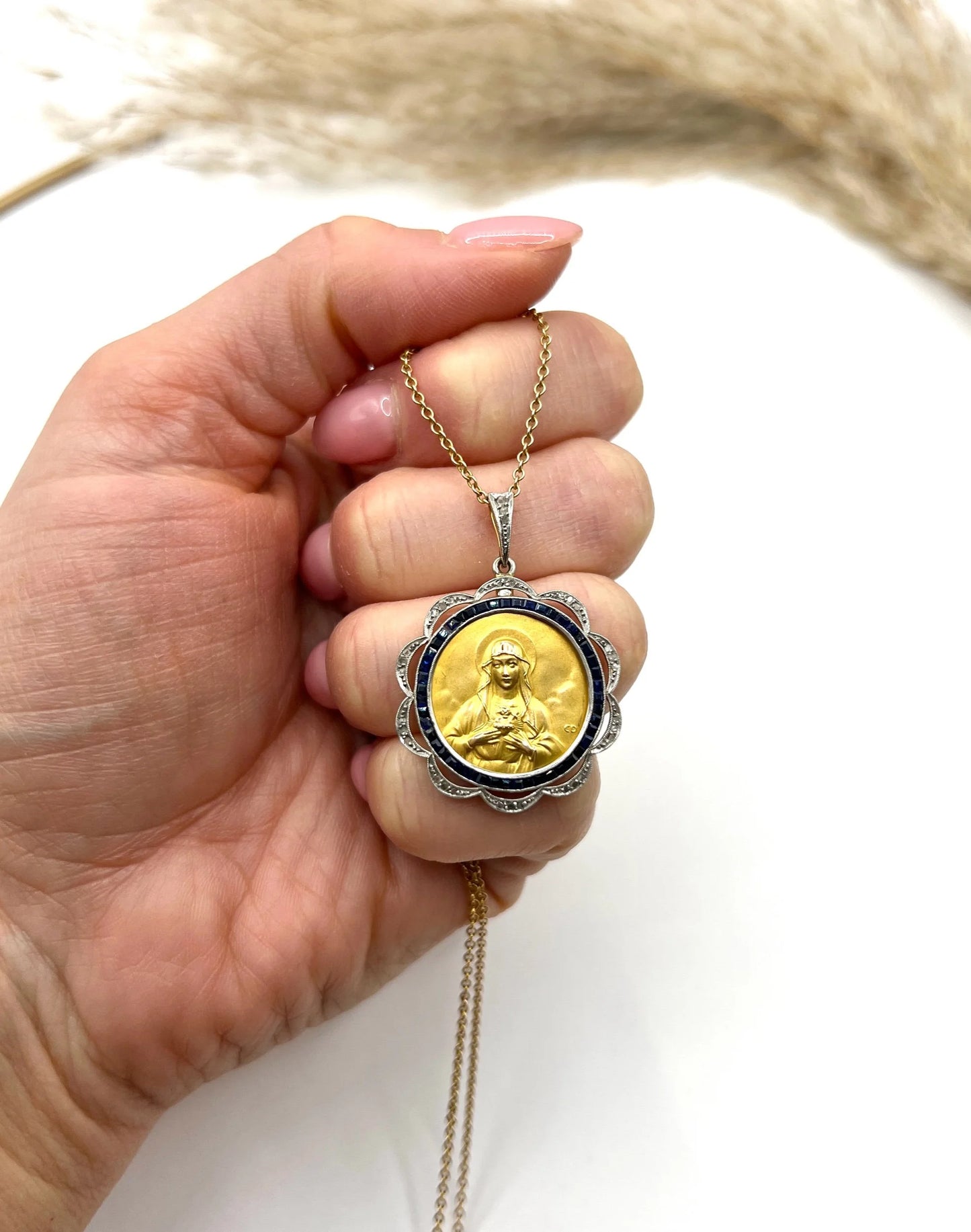 Antique 18 Carat Gold, Platinum and Sapphire Scared Heart Madonna Medal Pendant
